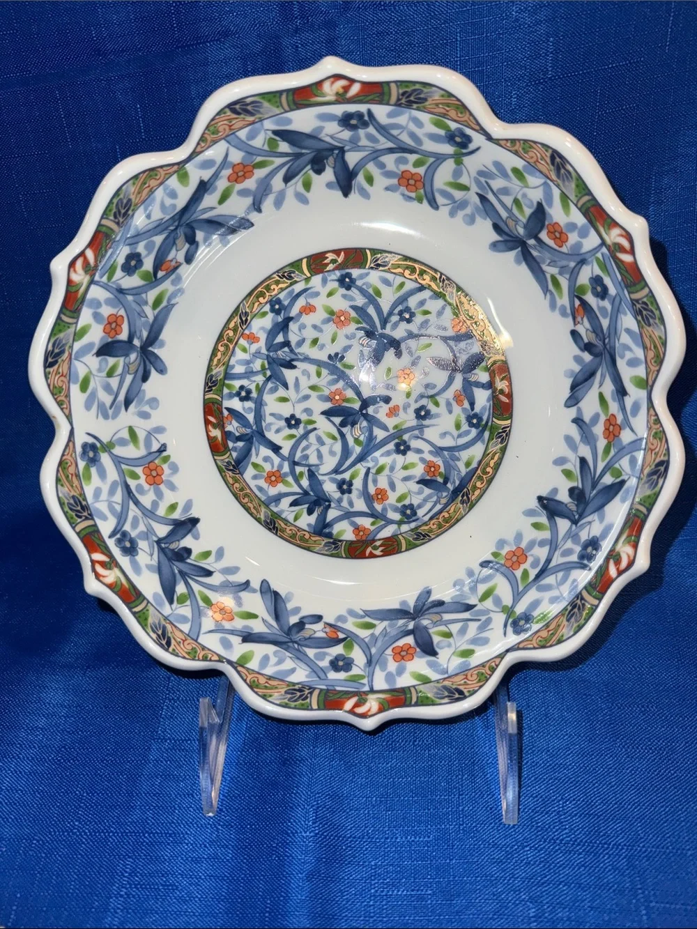 Vintage Japanese Scalloped Imari Bowl - Blue Green Orange Red Floral Motif - 7”
